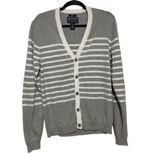 Vintage American Rag Mens Gray White Striped Cardigan Button Up Medium Academia